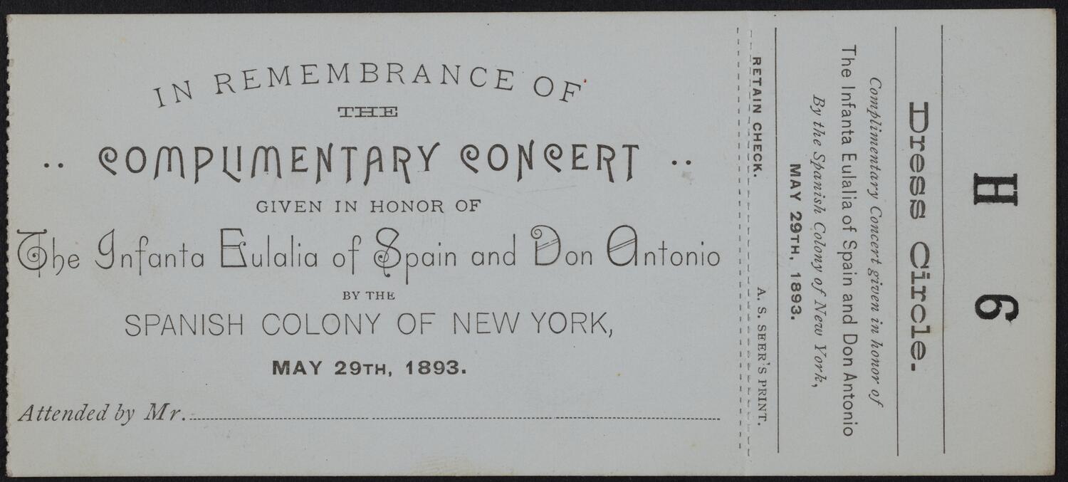 Ticket for Concert in Honor of the Infanta Eulalia of Spain and Don Antonio, May 29, 1893 (front)