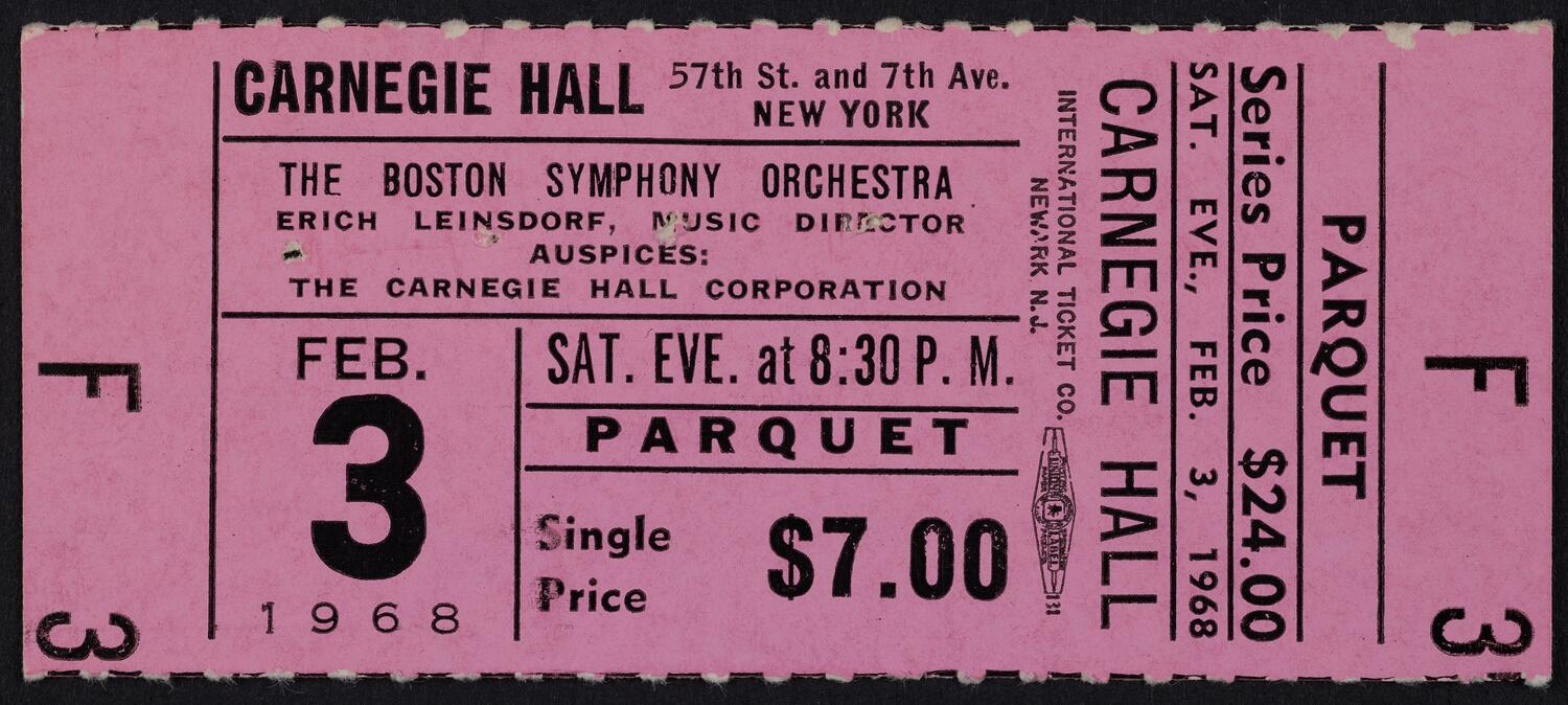 Ticket for Boston Symphony Orchestra, February 3, 1968 (front)