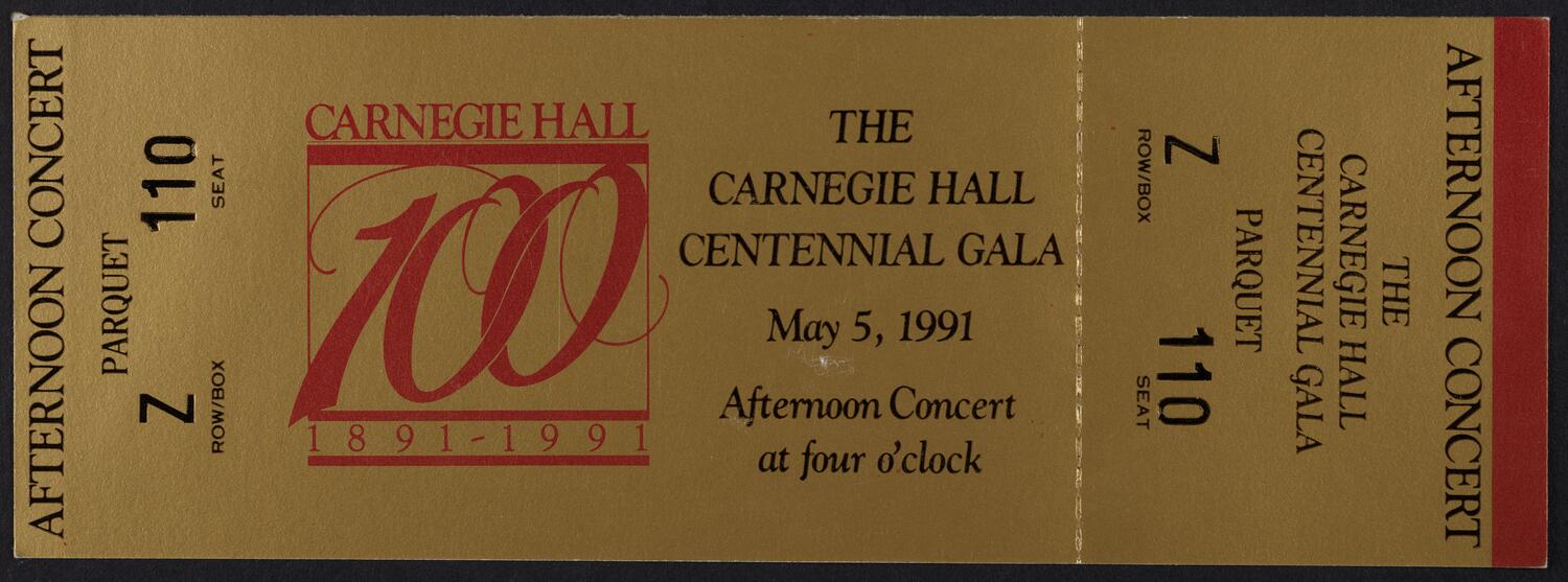 Ticket for the Carnegie Hall Centennial Gala, May 5, 1991 (front)