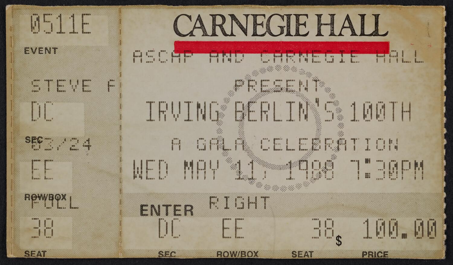 Ticket for Irving Berlin's 100th: A Gala Celebration, May 11, 1988 (front)