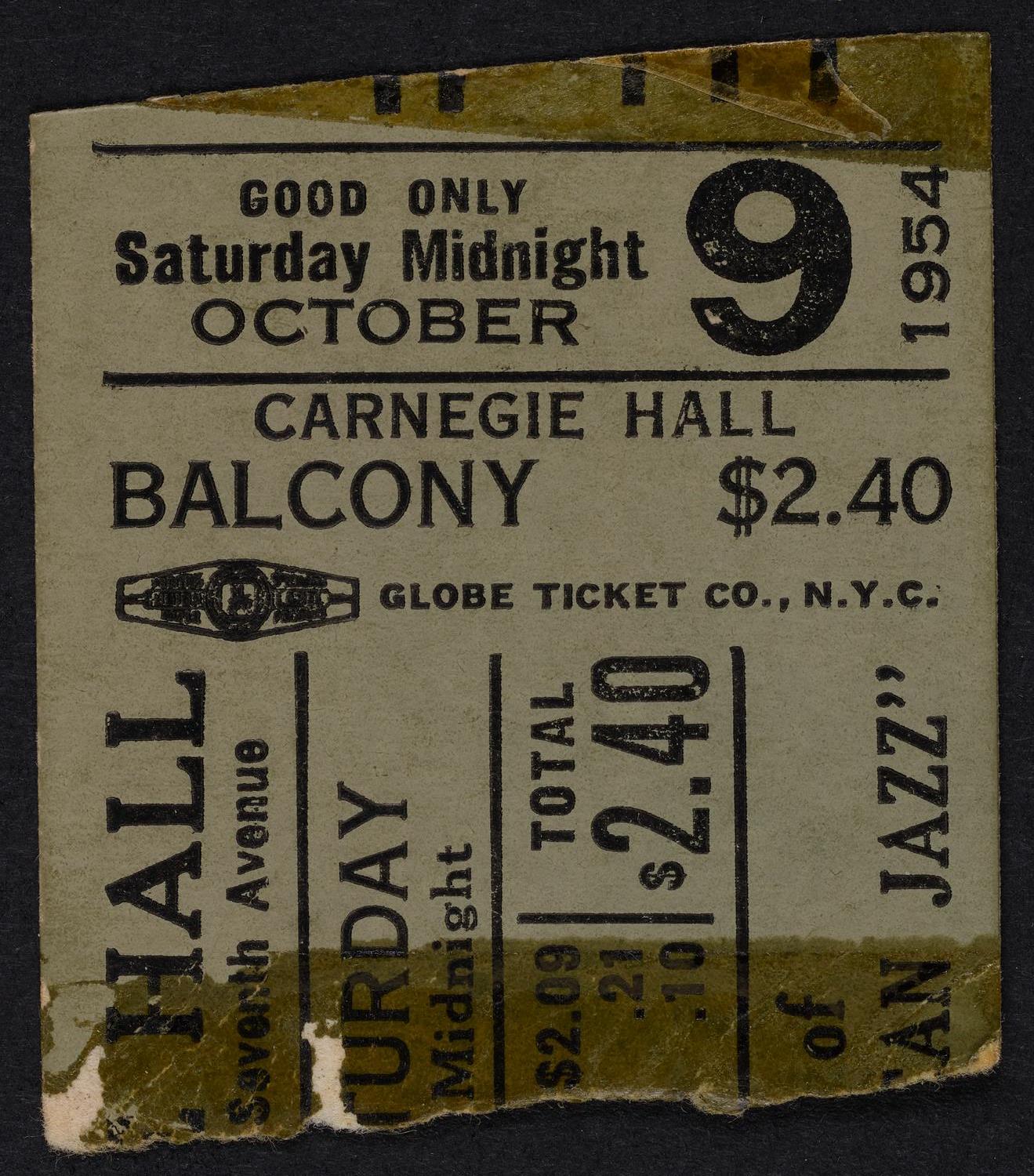 Ticket for Festival of Modern American Jazz: Stan Kenton and His Orchestra, October 9, 1954 (front)