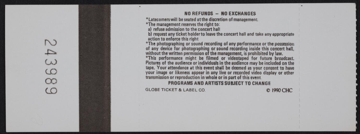 Ticket for The Collegiate Chorale: Rossini: Petite Messe Solennelle, February 7, 1991 (back)