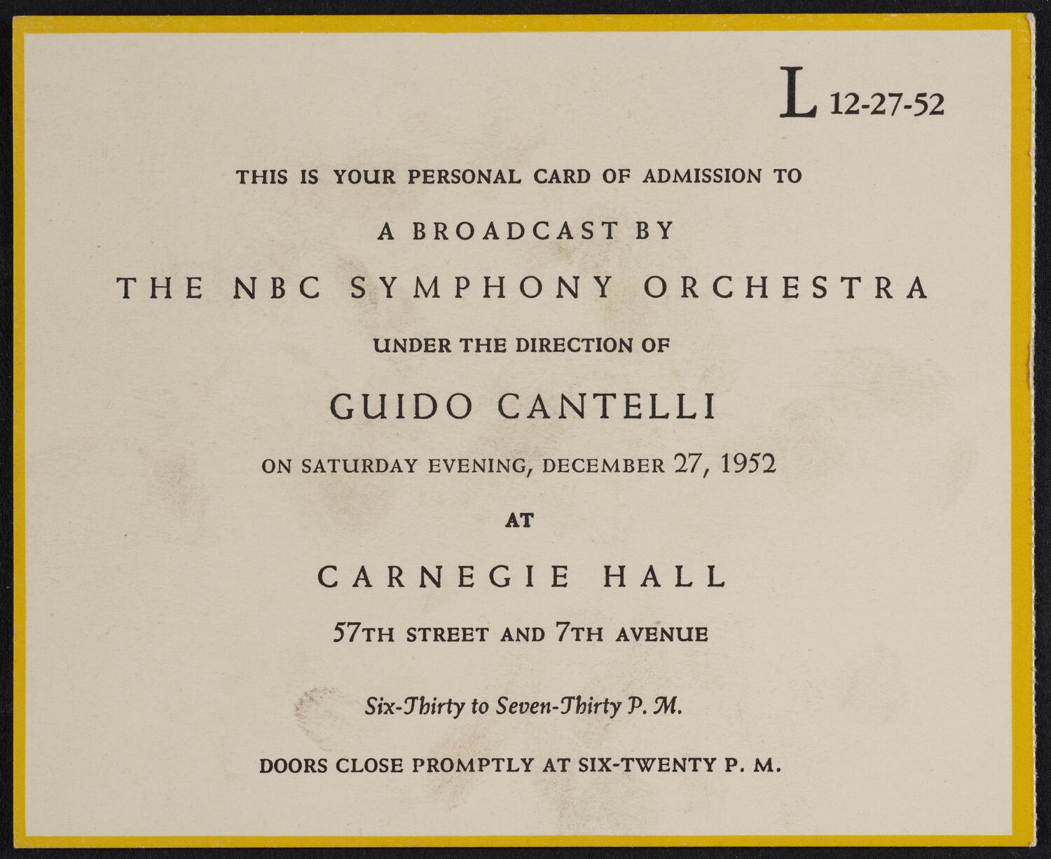 Personal Admission Card for the NBC Symphony Orchestra, December 27, 1952 (front)
