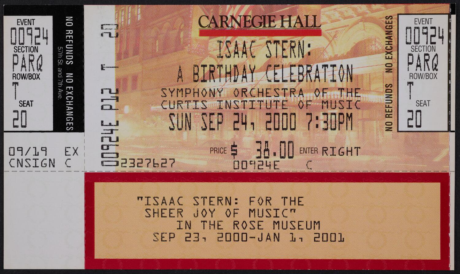 Ticket for Isaac Stern: A Birthday Celebration, September 24, 2000 (front)