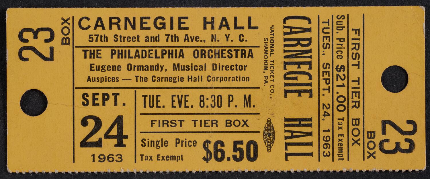 Ticket for Philadelphia Orchestra, September 24, 1963 (front)