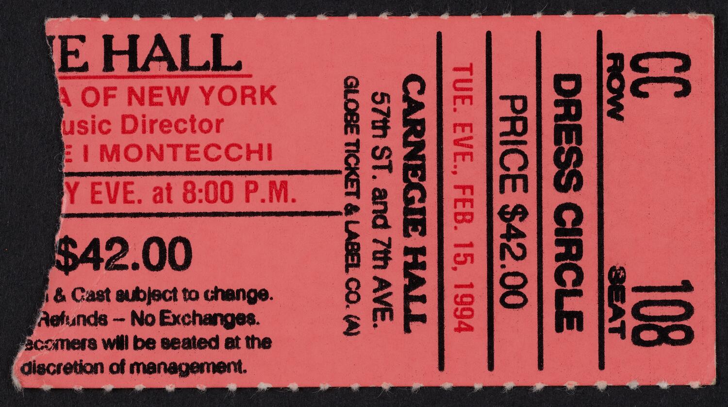 Ticket for Opera Orchestra of New York, February 15, 1994 (front)