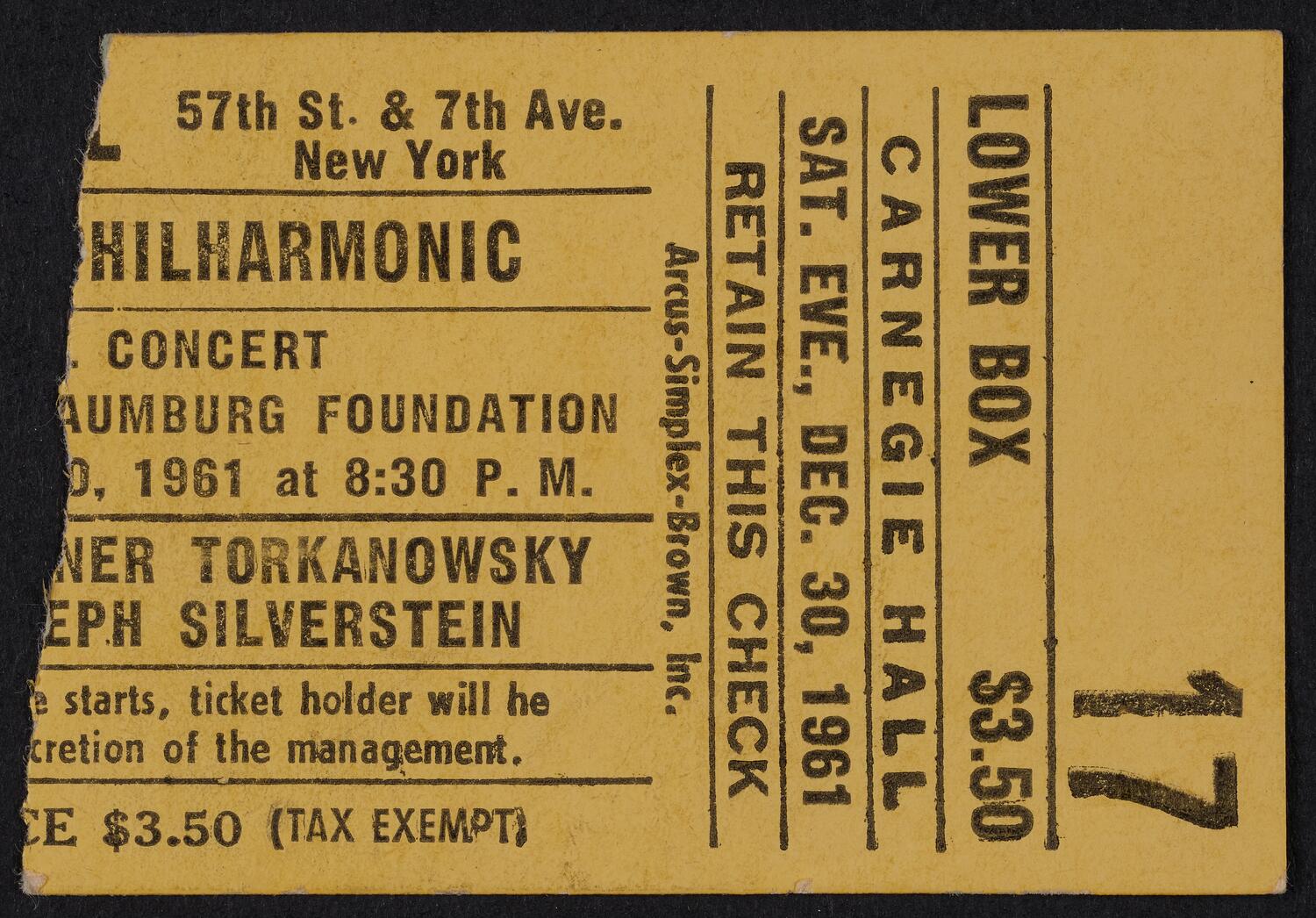 Ticket For New York Philharmonic: Naumburg Foundation Concert, December 30, 1961 (front)