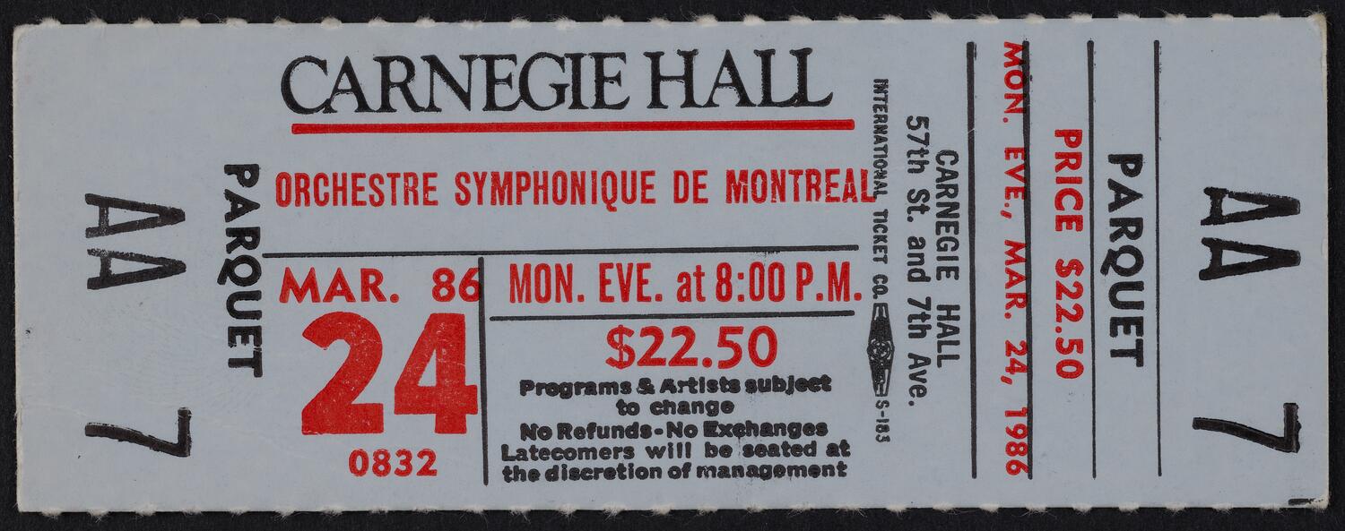Ticket for Orchestre Symphonique De Montréal, March 24, 1986 (front)
