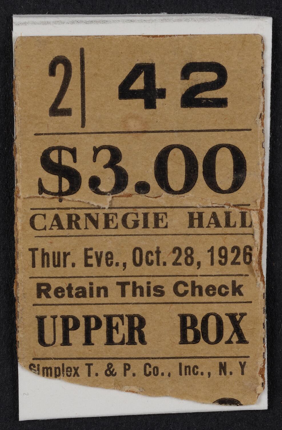 Ticket for Philharmonic Symphony Society of New York, October 28, 1926 (front)