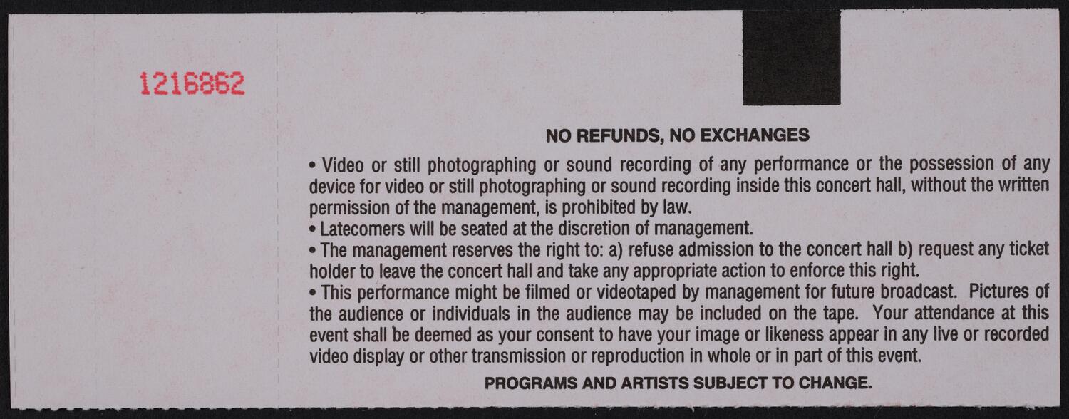 Ticket for Isaac Stern Chamber Music Master Classes, June 1, 1995 (back)