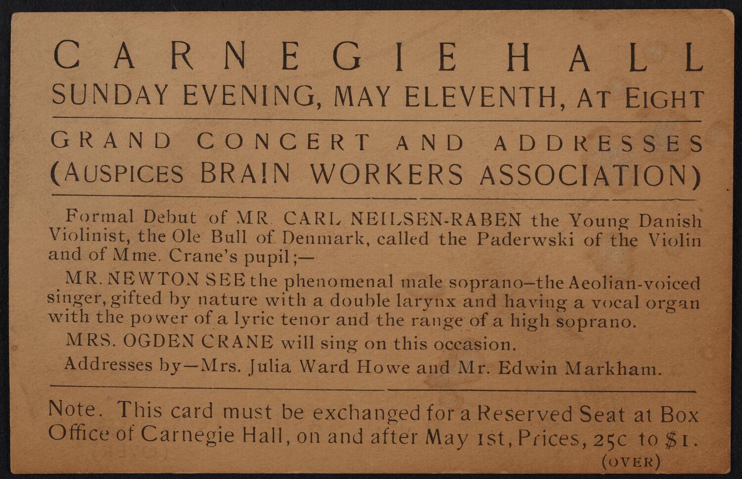 Ticket for Brain Workers' Association: Grand Concert and Addresses, May 11, 1902 (front)