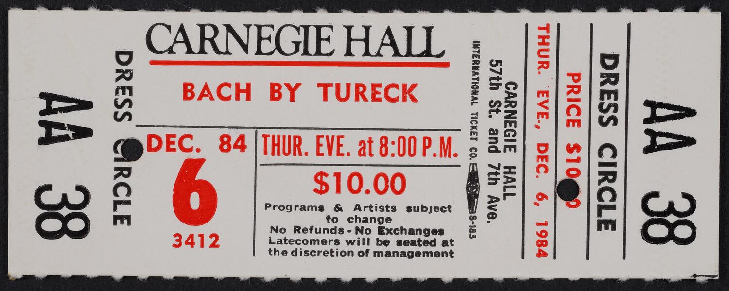 Ticket for Bach by Rosalyn Tureck, December 6, 1984 (front)