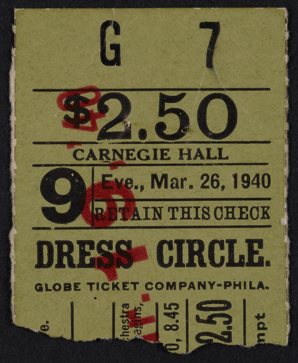 Ticket for Gala Concert for the Benefit of Italian Welfare League, Inc., March 26, 1940 (front)