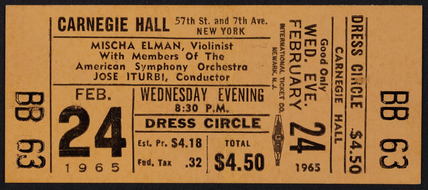 Ticket for Mischa Elman with members of the American Symphony Orchestra, February 24, 1965 (front)
