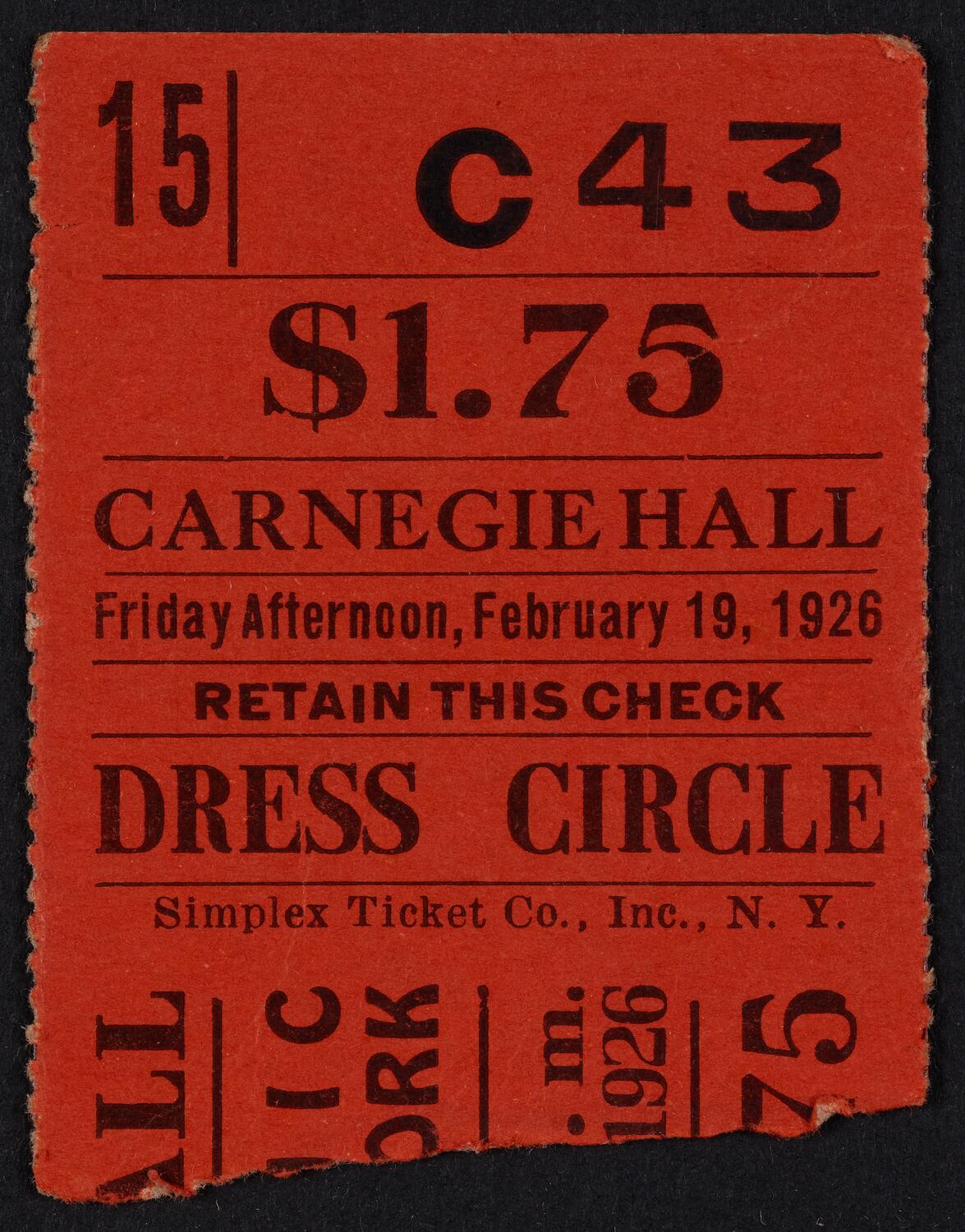 Ticket for Philharmonic-Symphony Society of New York, February 19, 1926 (front)