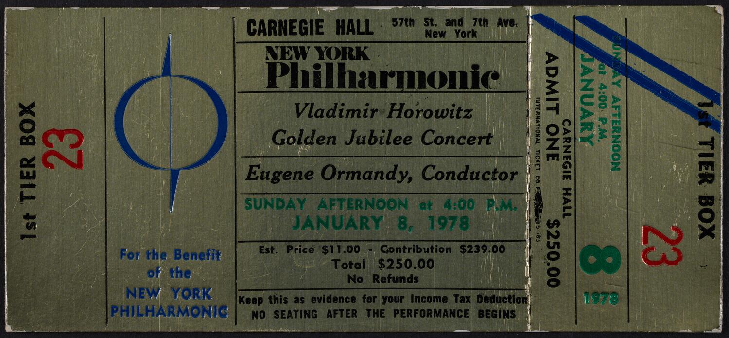 Ticket for Vladimir Horowitz Golden Jubilee Concert, January 8, 1978 (front)