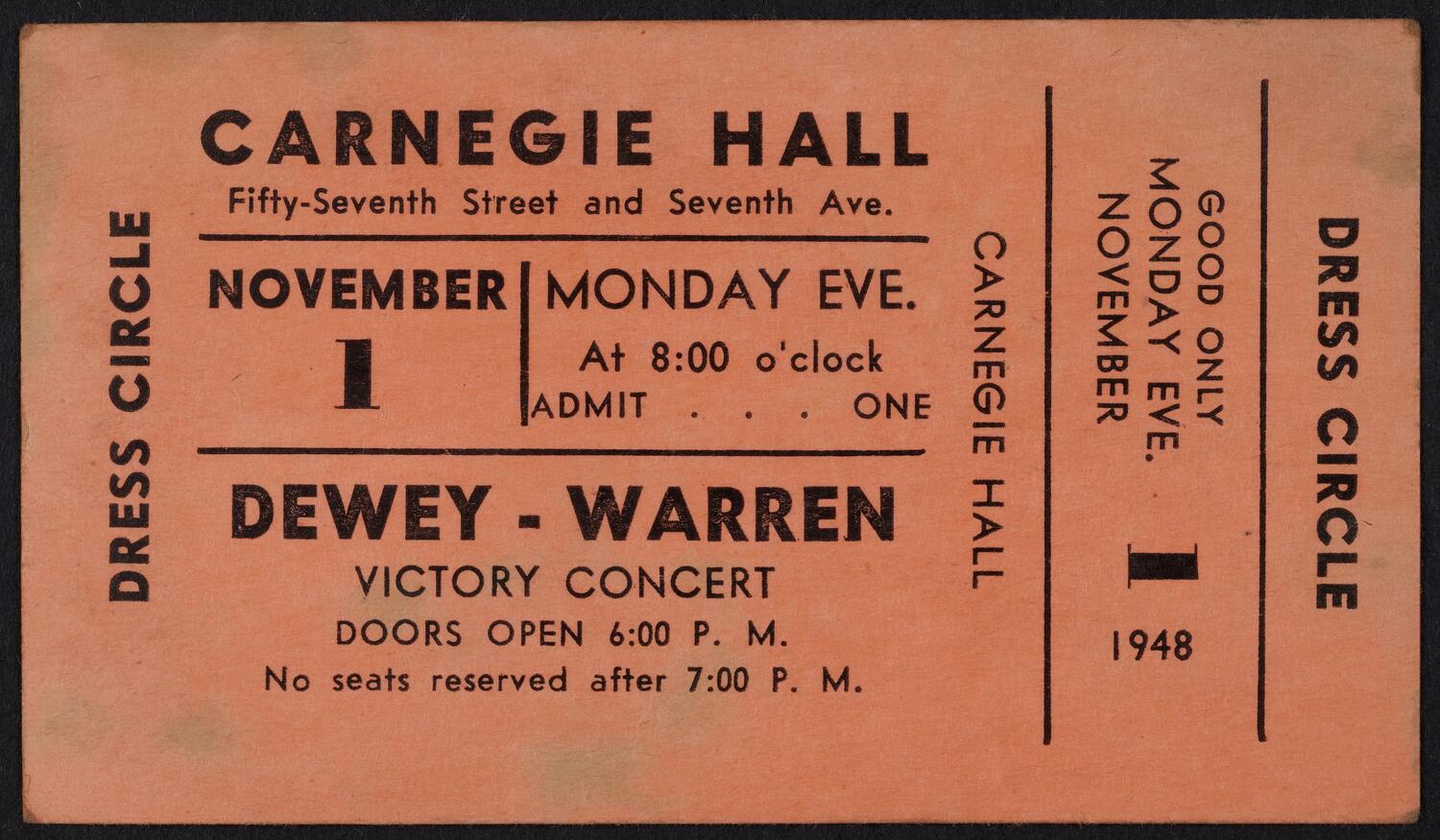 Ticket for Dewey-Warren Victory Concert and Rally, November 1, 1948 (front)