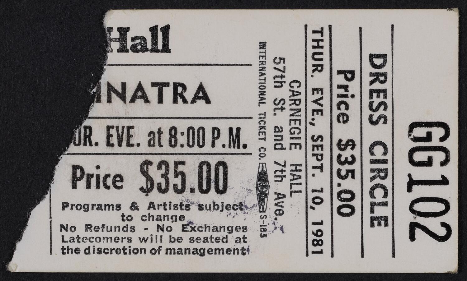 Ticket for Frank Sinatra, September 10, 1981 (front)