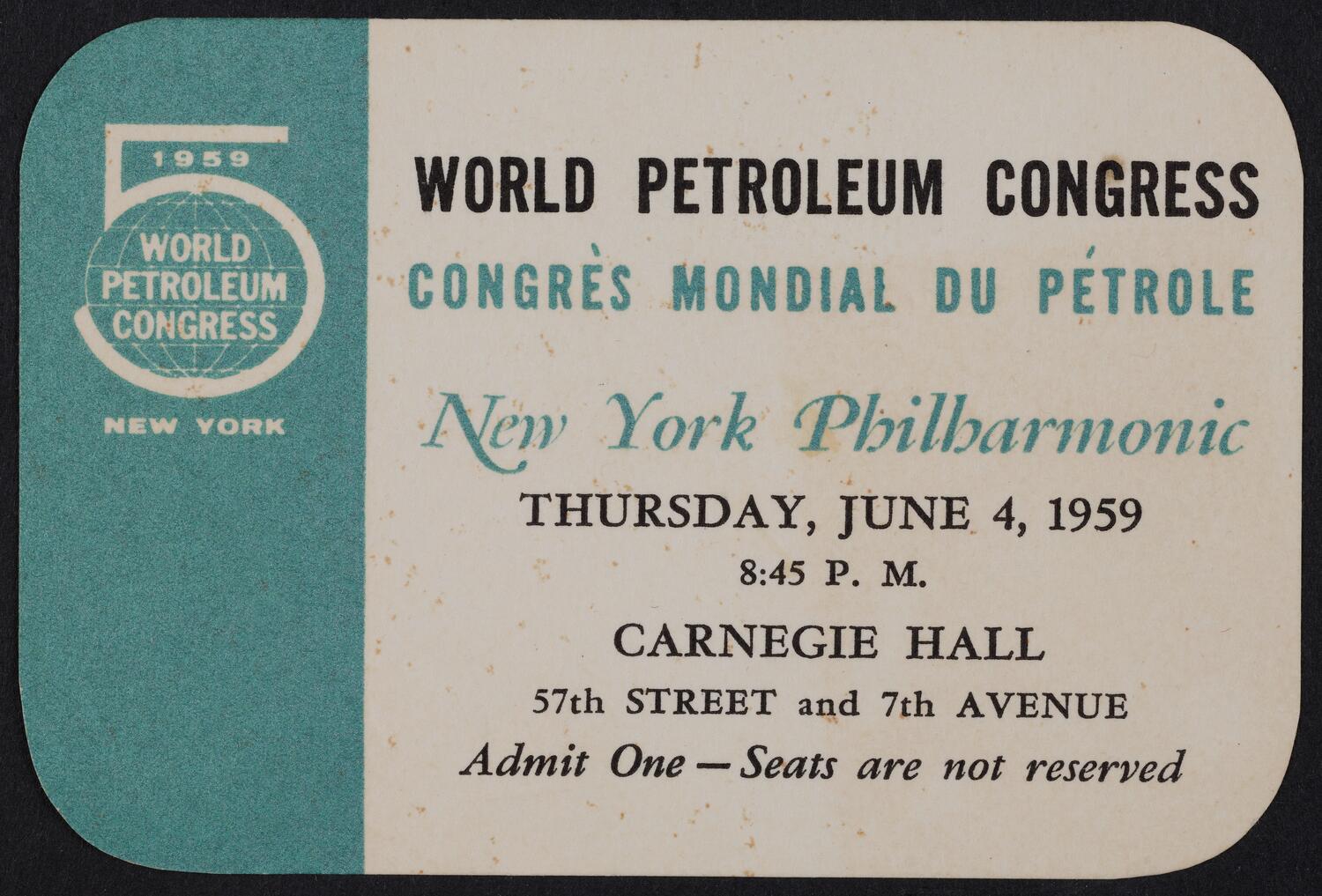 Ticket for World Petroleum Congress: New York Philharmonic, June 5, 1959 (front)