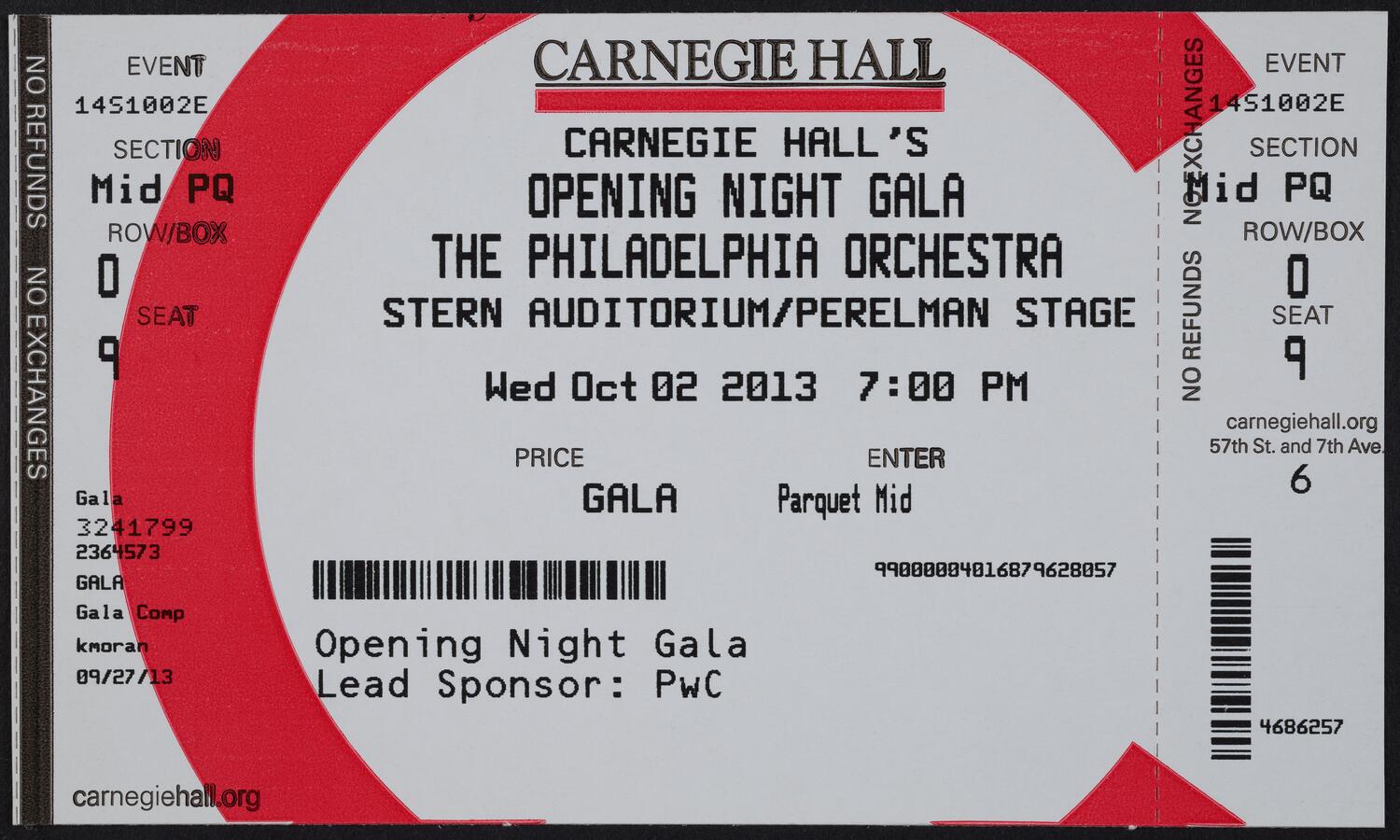 Ticket for Carnegie Hall's Opening Night Gala: The Philadelphia Orchestra, October 2, 2013 (front)
