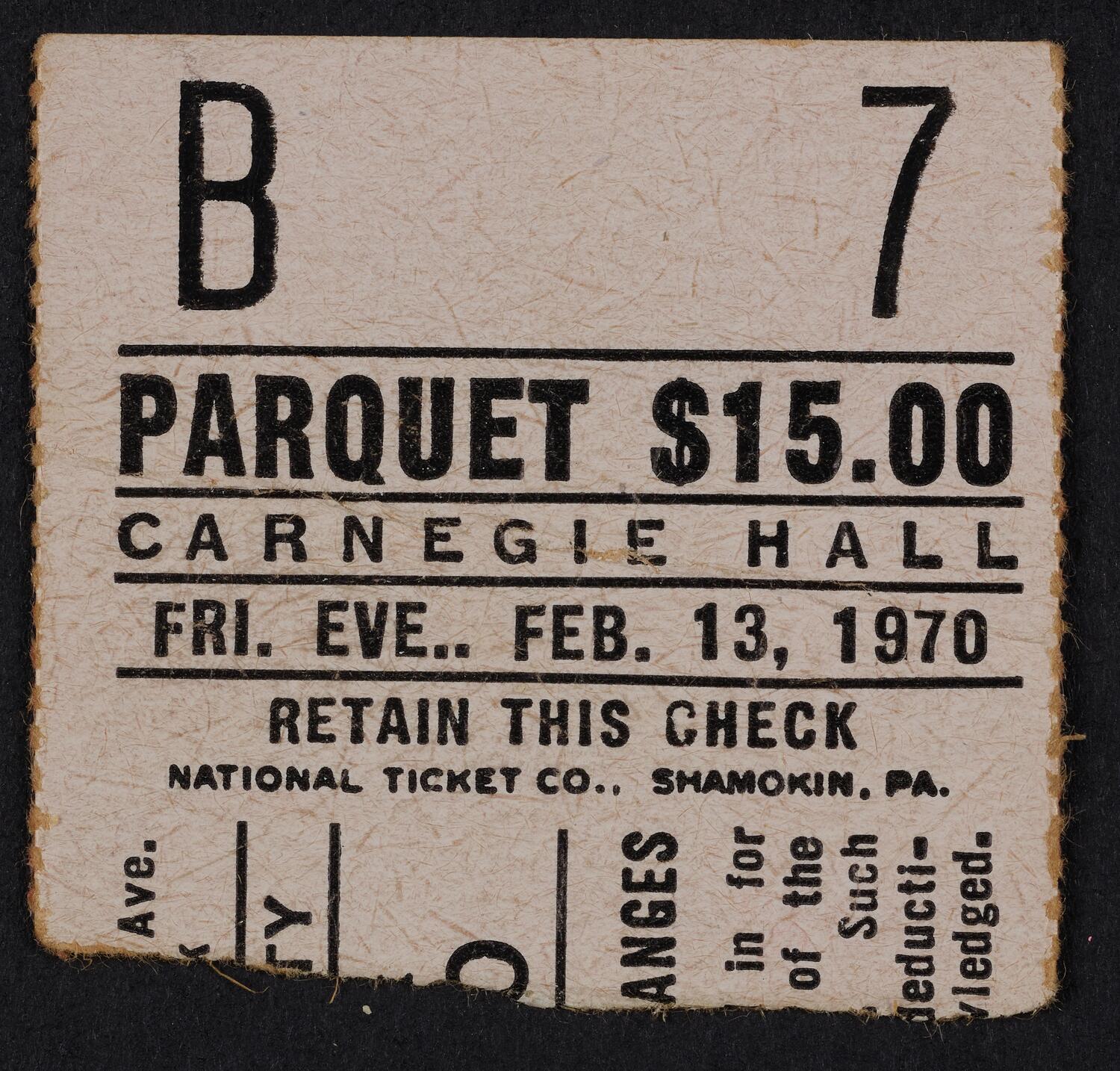 Ticket for American Opera Society, February 13, 1970 (front)