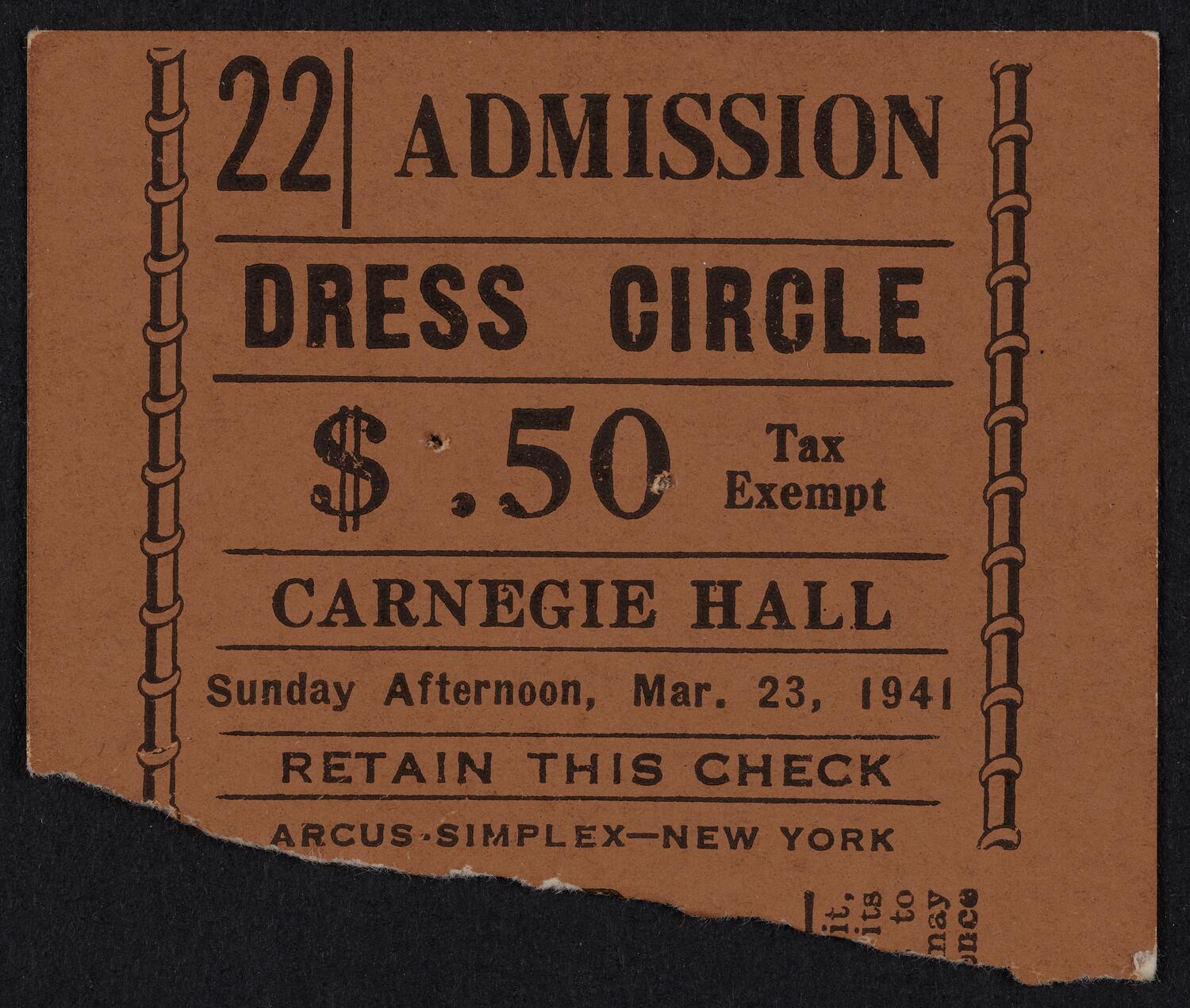 Ticket for Philharmonic-Symphony Society of New York, March 23, 1941 (front)