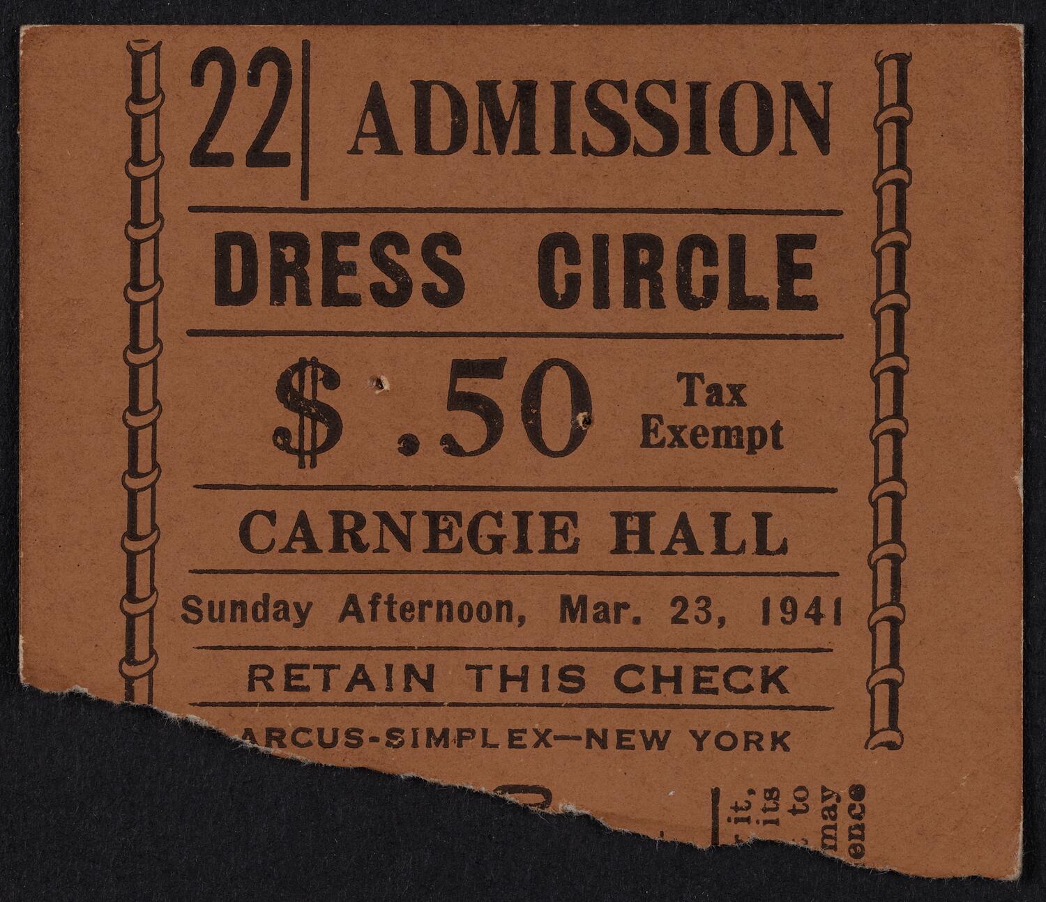 Ticket for Philharmonic-Symphony Society of New York, March 23, 1941 (front)
