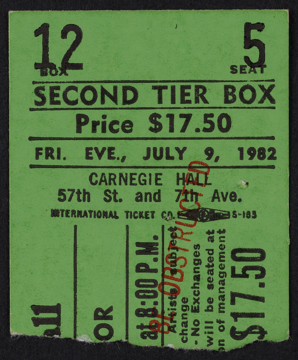 Ticket for Jane Olivor, July 9, 1982 (front)
