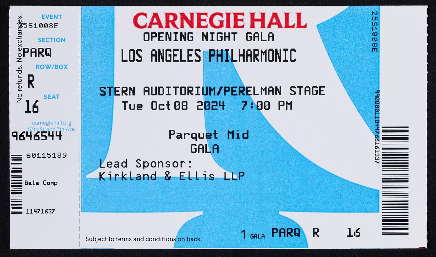 Ticket for Opening Night Gala: Los Angeles Philharmonic, October 8, 2024 (front)