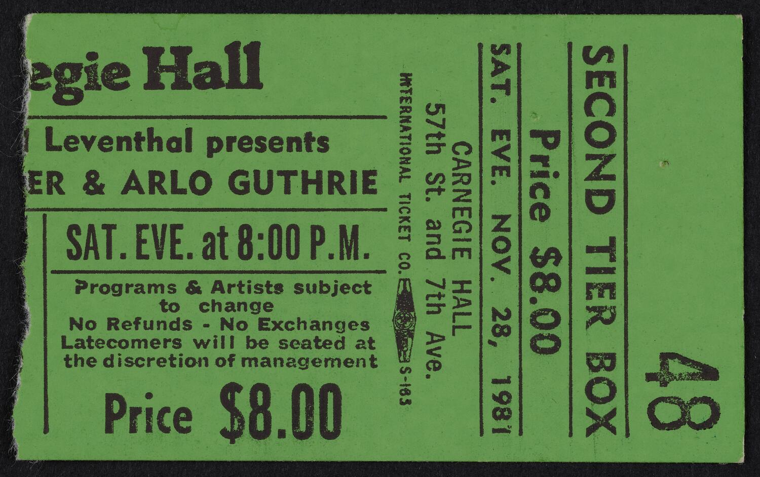 Ticket for Pete Seeger & Arlo Guthrie, November 28, 1981 (front)