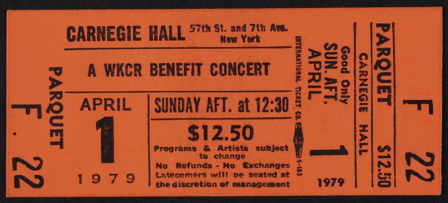 Ticket for WKCR Benefit Concert, April 1, 1979 (front)