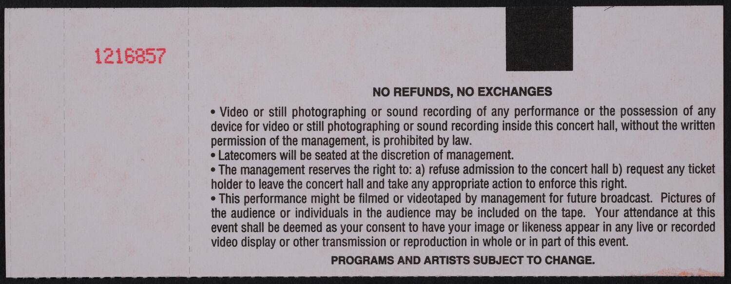 Ticket for Isaac Stern Chamber Music Master Classes, June 1, 1995 (back)