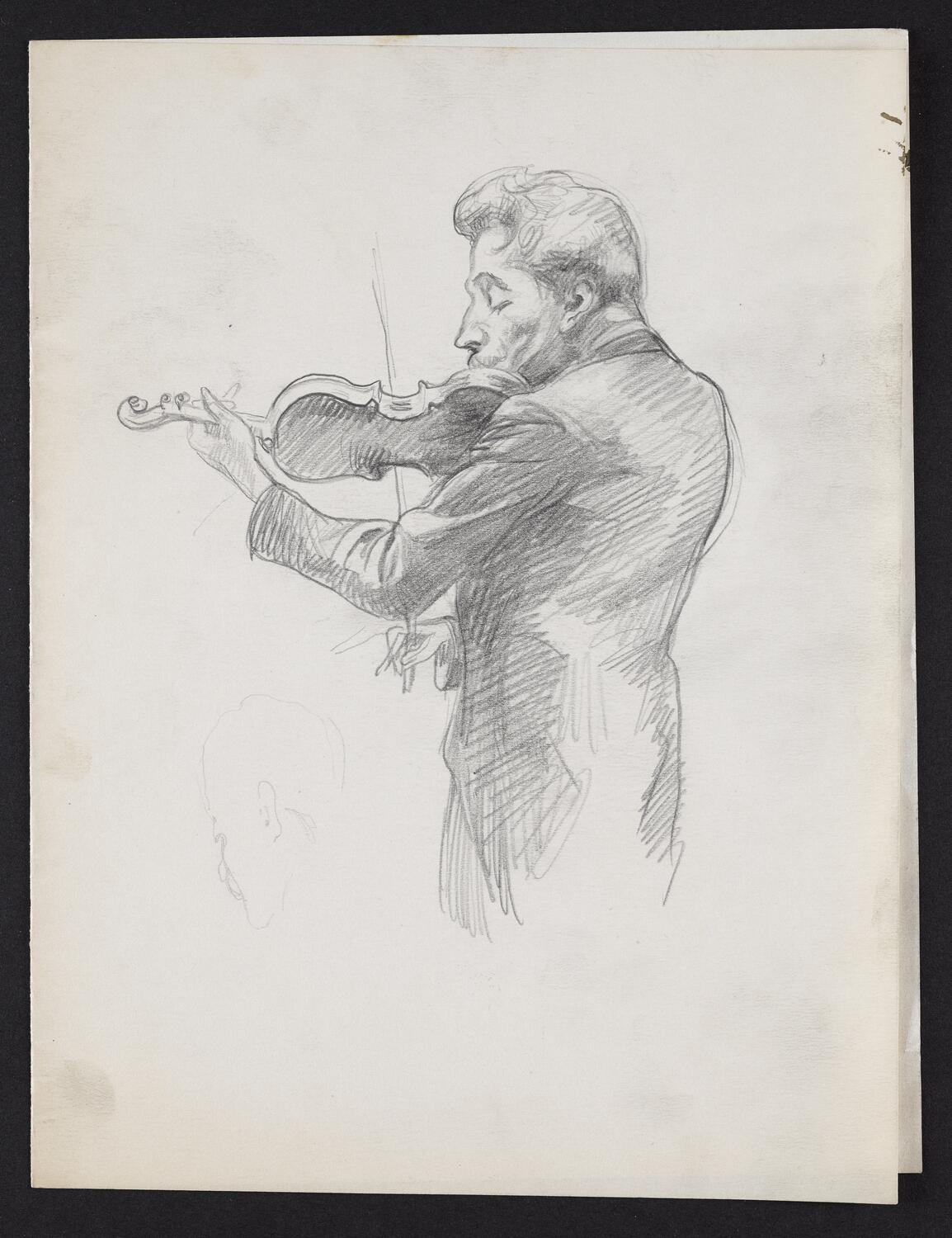 Sketch of Fritz Kreisler playing the violin, in profile facing left