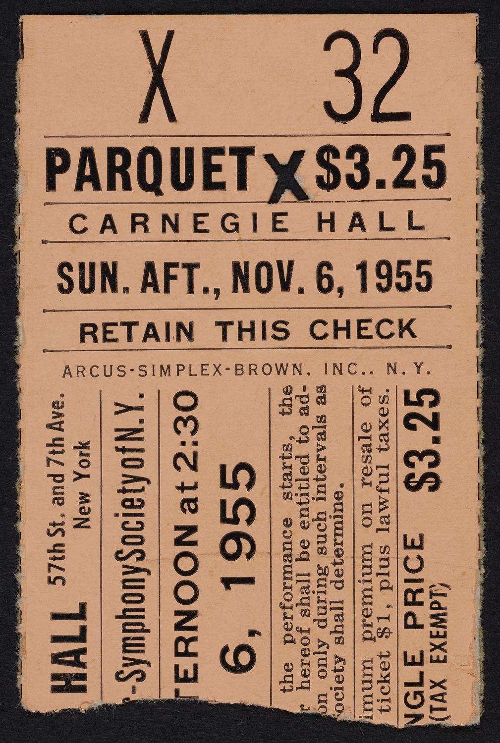 Ticket for Philharmonic-Symphony Society of New York, November 6, 1955 (front)