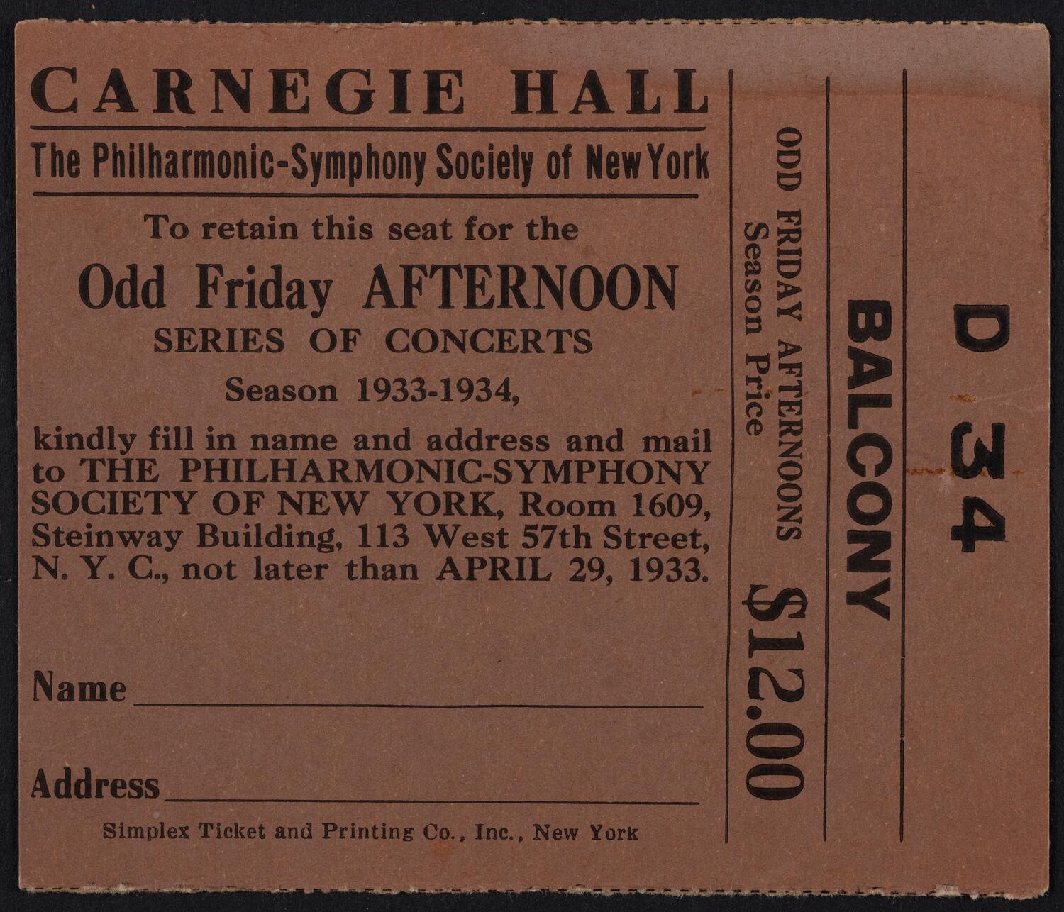Ticket for The Philharmonic-Symphony Society of New York, 1933-1934 (front)