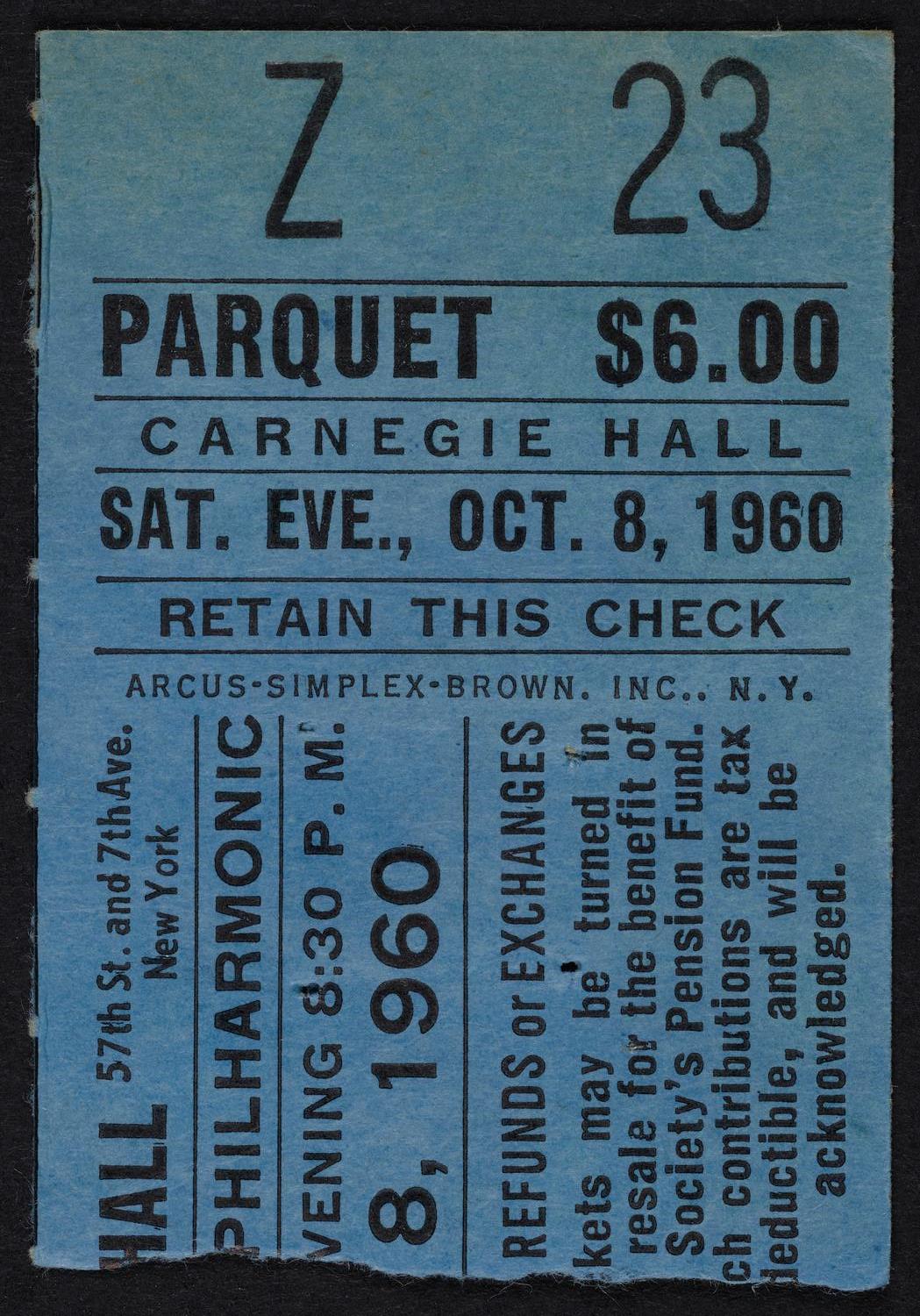 Ticket for New York Philharmonic, October 8, 1960 (front)