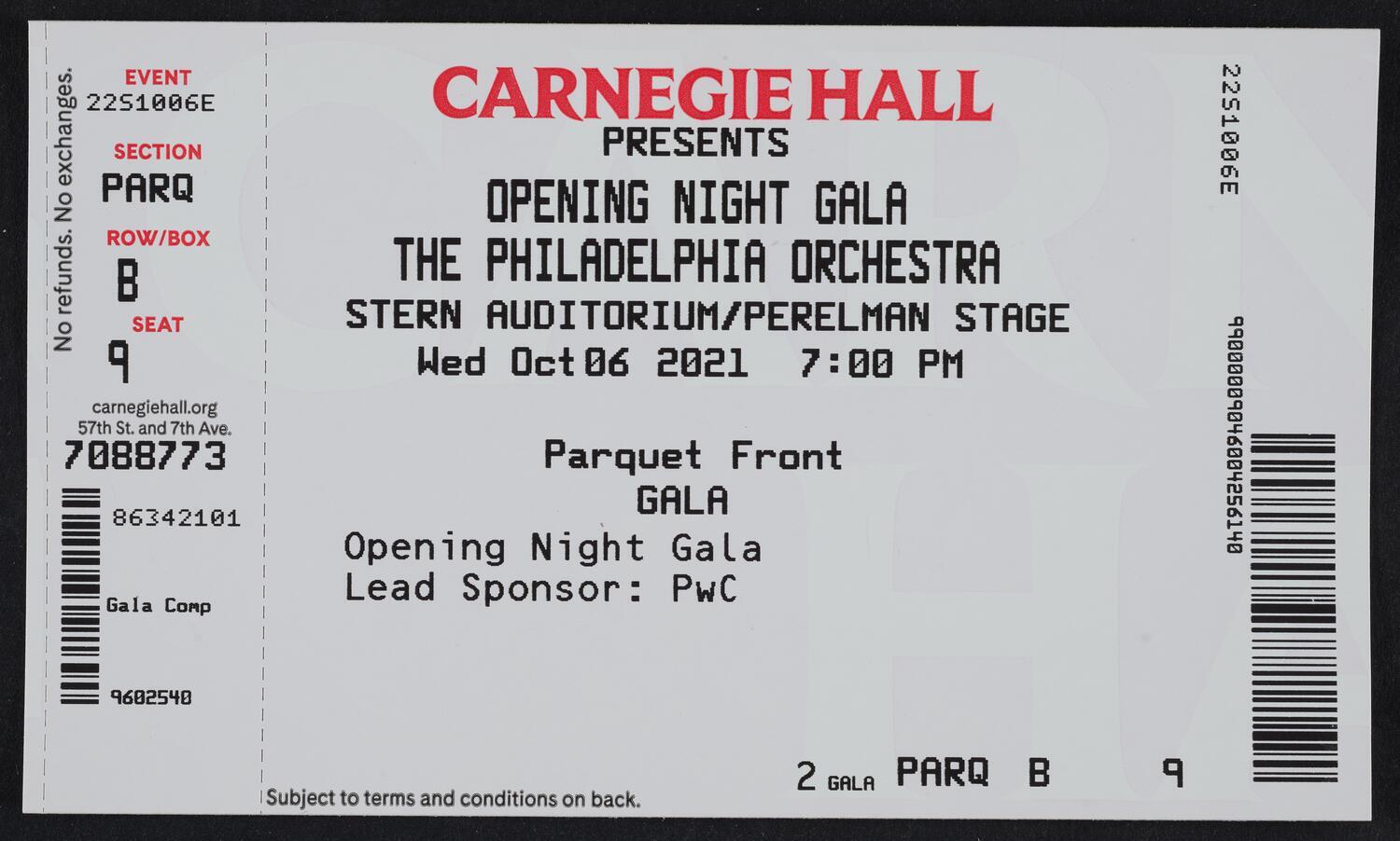 Ticket for Opening Night Gala: The Philadelphia Orchestra, October 6, 2021 (front)