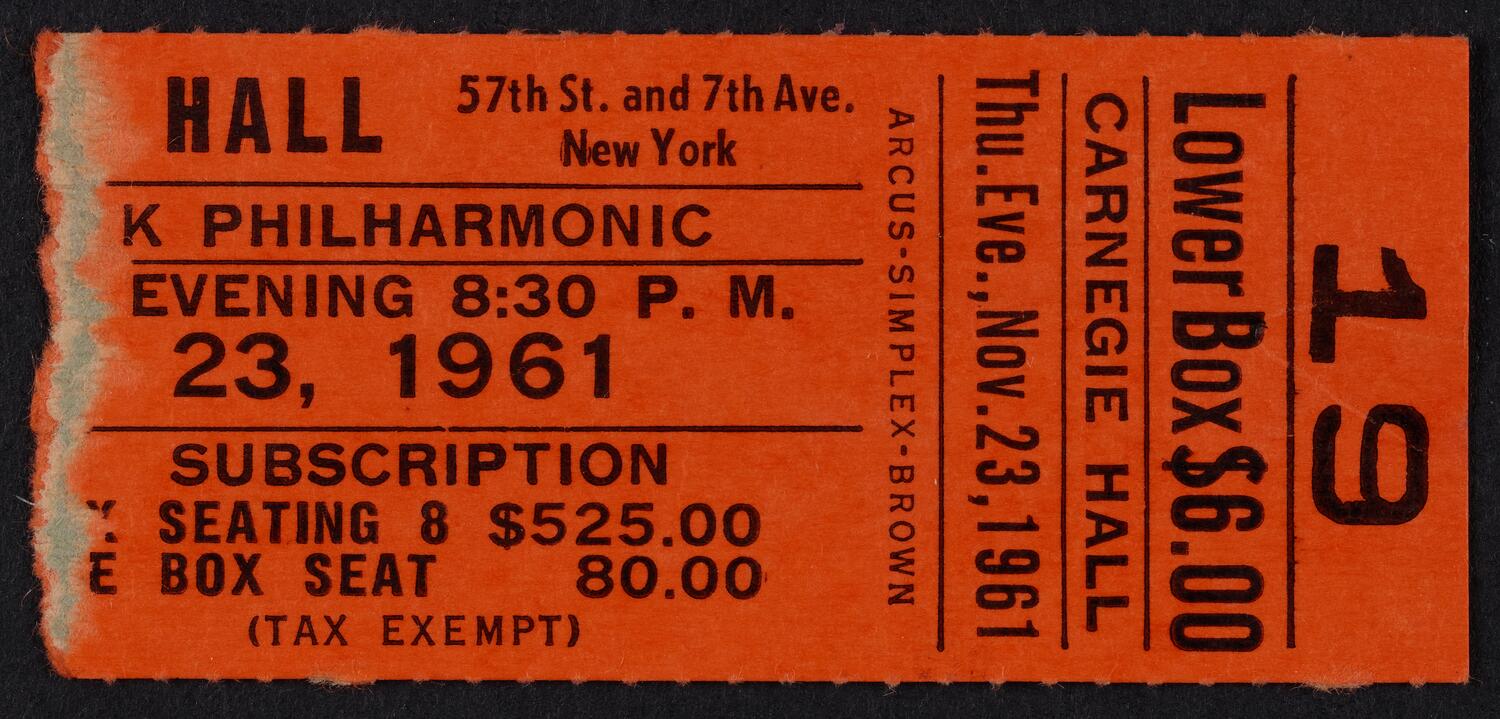 Ticket for New York Philharmonic, November 23, 1961 (front)