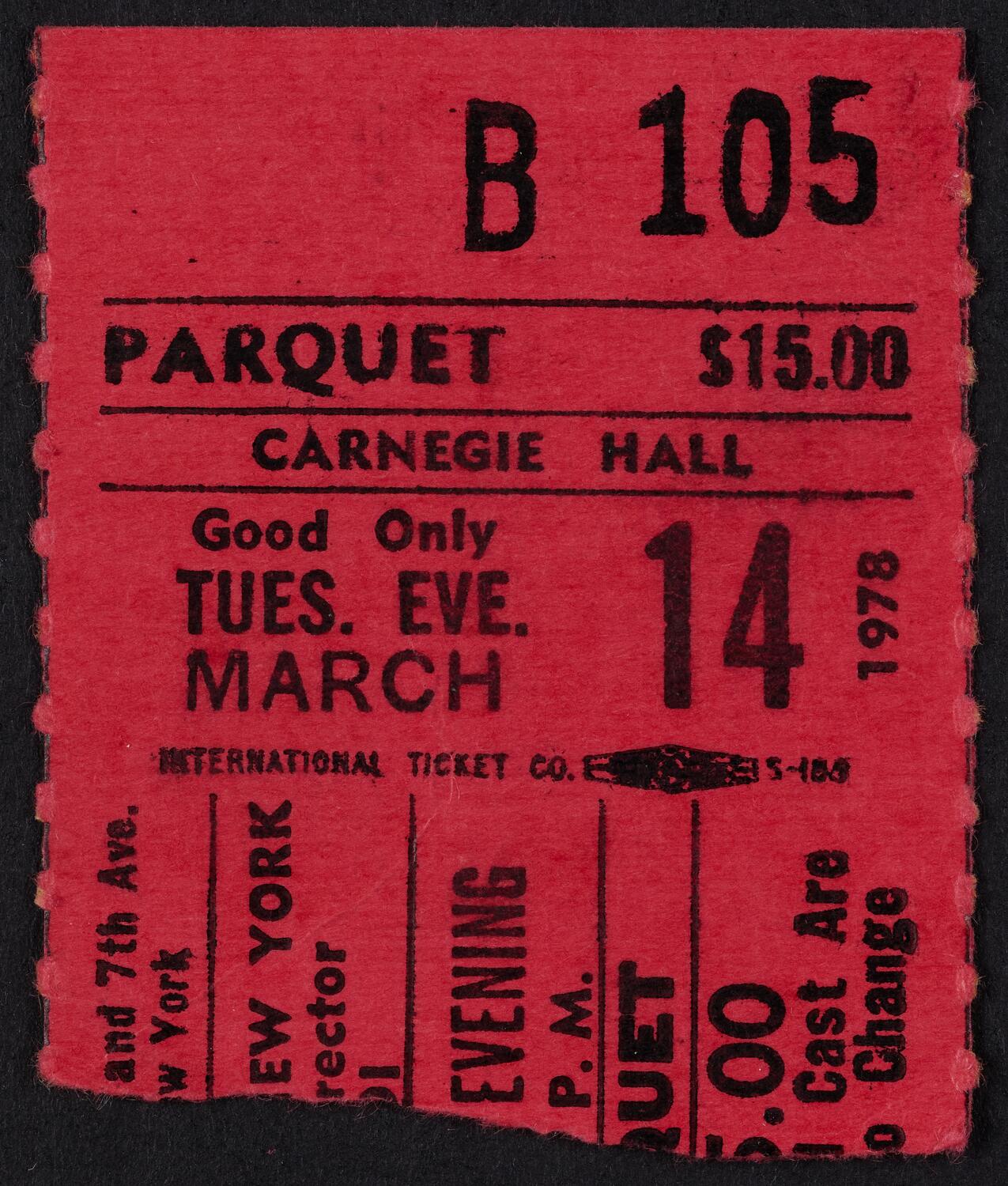 Ticket for Opera Orchestra of New York, March 14, 1978 (front)
