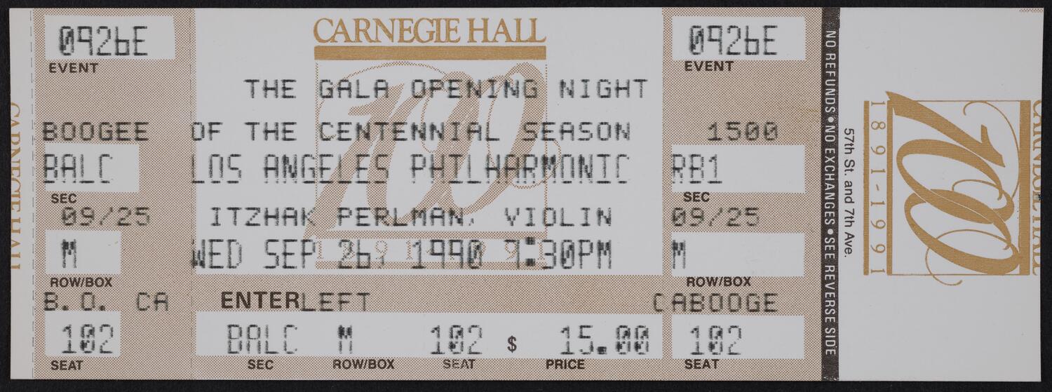 Ticket for the Gala Opening Night of the Centennial Season: Los Angeles Philharmonic, September 26, 1990 (front)