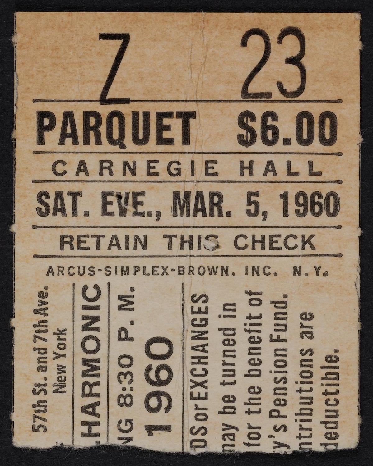 Ticket for New York Philharmonic, March 5, 1960 (front)