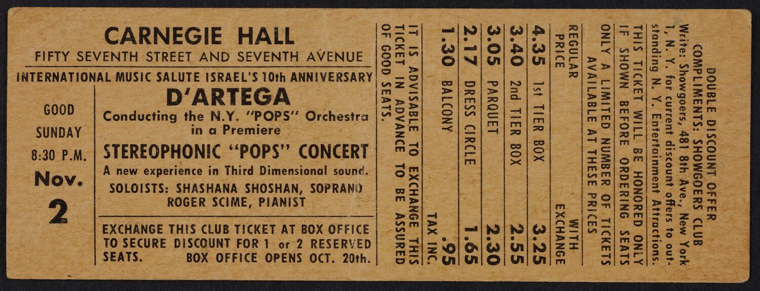 Ticket for International Music Salute Israel's 10th Anniversary, November 2, 1958 (front)