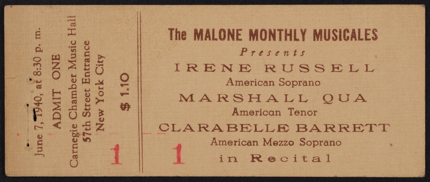 Ticket for Irene Russell, Marshall Qua, and Clarebelle Barrett, June 7, 1940 (front)