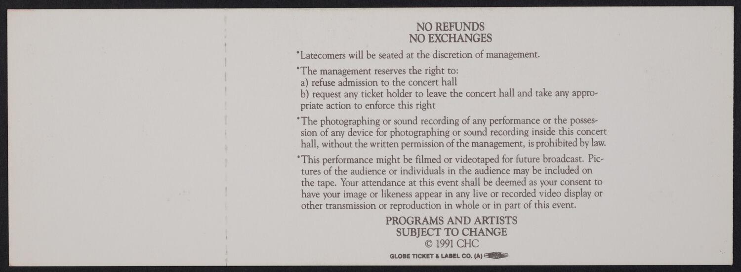 Ticket for the Carnegie Hall Centennial Gala, May 5, 1991 (back)