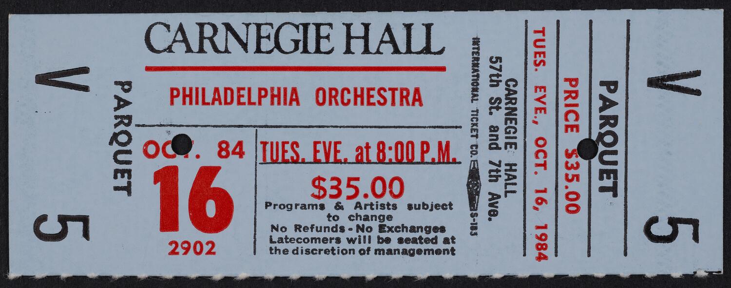 Ticket for Philadelphia Orchestra, October 16, 1984 (front)