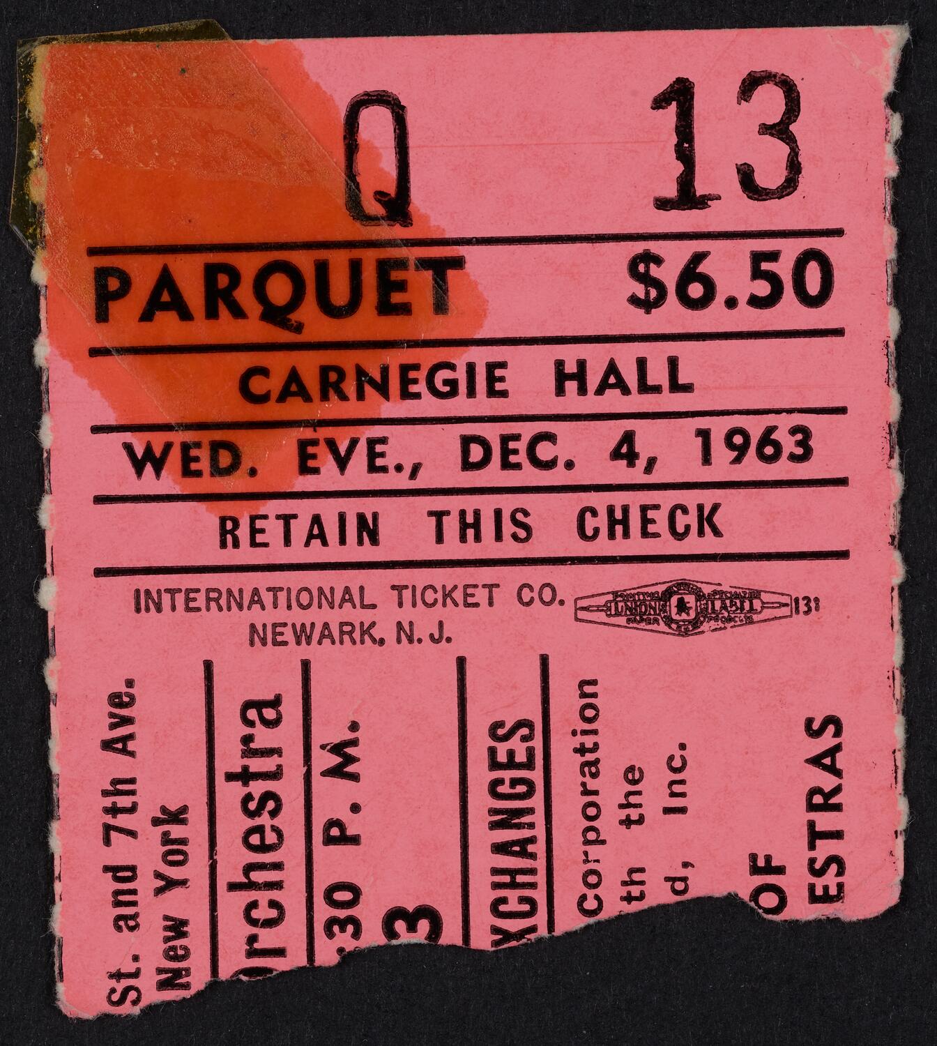 Ticket for Toronto Symphony Orchestra, December 4, 1963 (front)