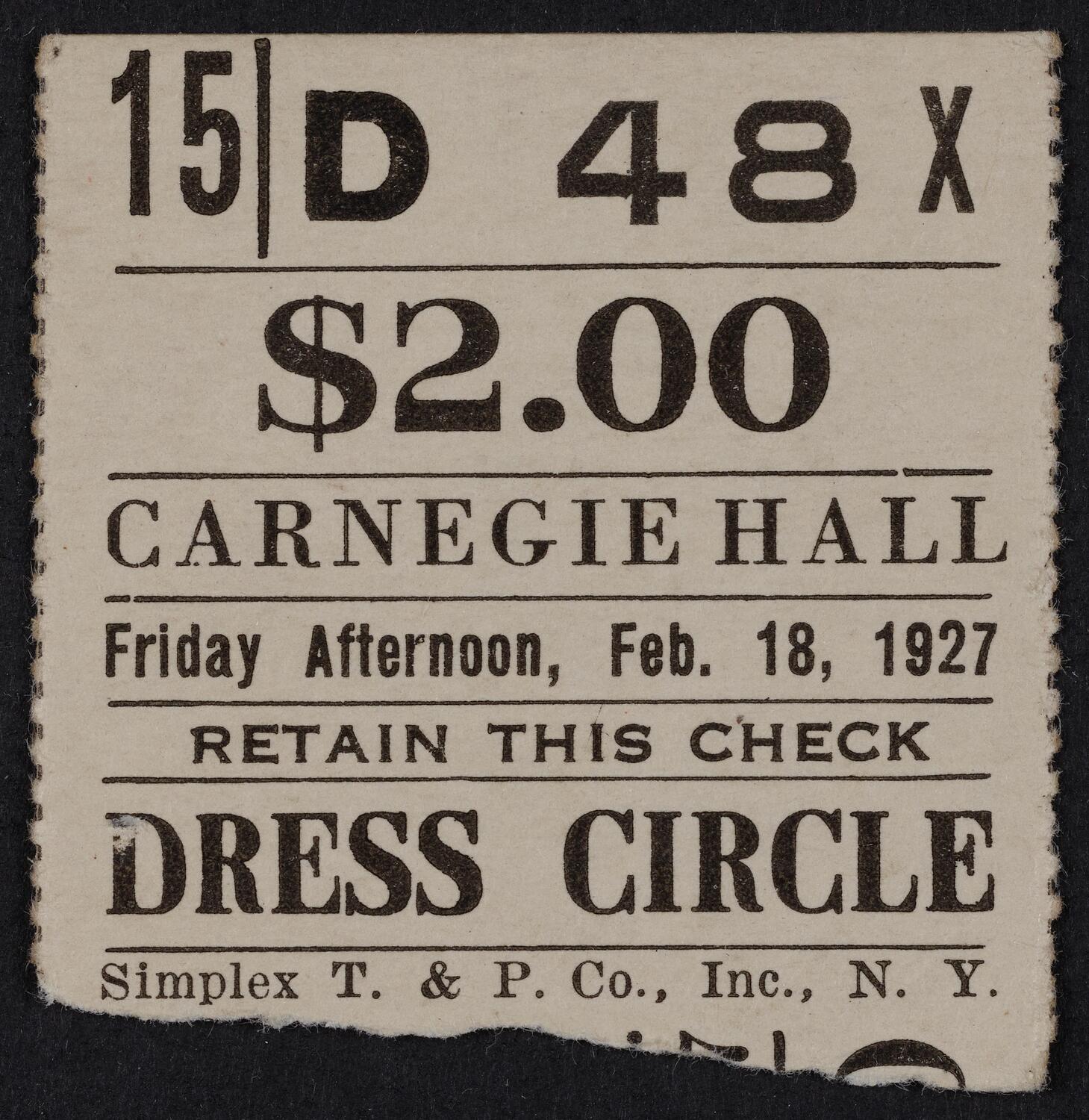 Ticket for Philharmonic-Symphony Society of New York, February 18, 1927 (front)