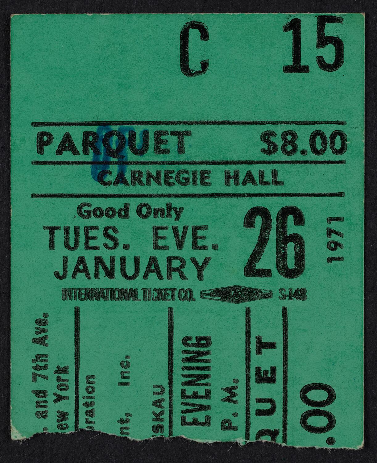 Ticket for Dietrich Fischer-Dieskau, Janet Baker, and Daniel Barenboim, January 26, 1971 (front)