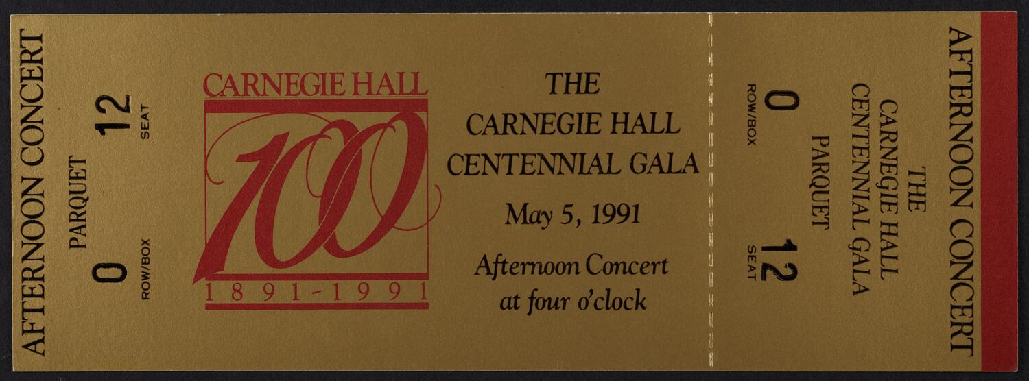 Ticket for the Carnegie Hall Centennial Gala, May 5, 1991 (front)