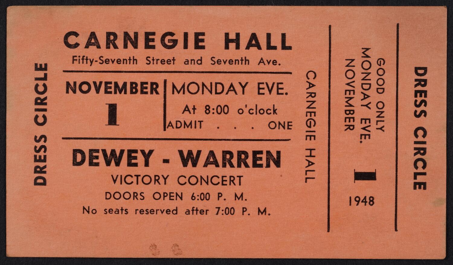 Ticket for Dewey-Warren Victory Concert and Rally, November 1, 1948 (front)